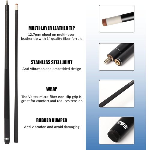 GSE Games & Sports Expert 58" 2-Piece Fiberglass Graphite Composite Billiard Pool Cue Stick for Men/Women, Billiard Cue Stick for House or Commercial/Bar Use (Matte Black, 21 Oz)