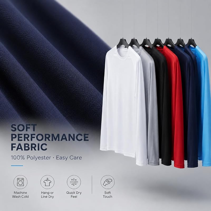 6 Pack Long Sleeve Sun Protection T-Shirts for Men – Quick Dry Sports Tee Set (Large)
