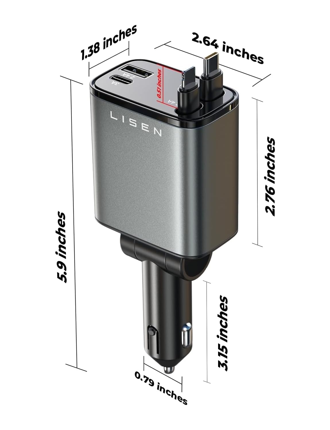 LISEN Retractable Car Charger 4 in 1 for Cars, 69W Retractable USB C Car Charger with 31.5in Cable, Fast Charging for iPhone 17 16 15 14 13 12 Pro Max Plus, Compact Cars Accessories for Daily Driving