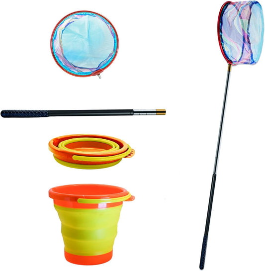 2PCS Kids Fishing Nets with Bucket - Telescoping Handle Retractable Landing Net Lightweight Aluminum Pole for Catch and Release Frog, Minnow, Butterfly, Crab, Beach and Creek Outdoor