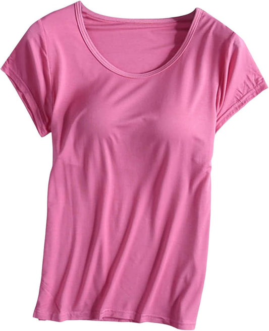 JiXiang Shirts with Built in Bras for Women Short Sleeves Crewneck Padded Tunics Tops Comfy Athletic Shelf Bra Active Tees