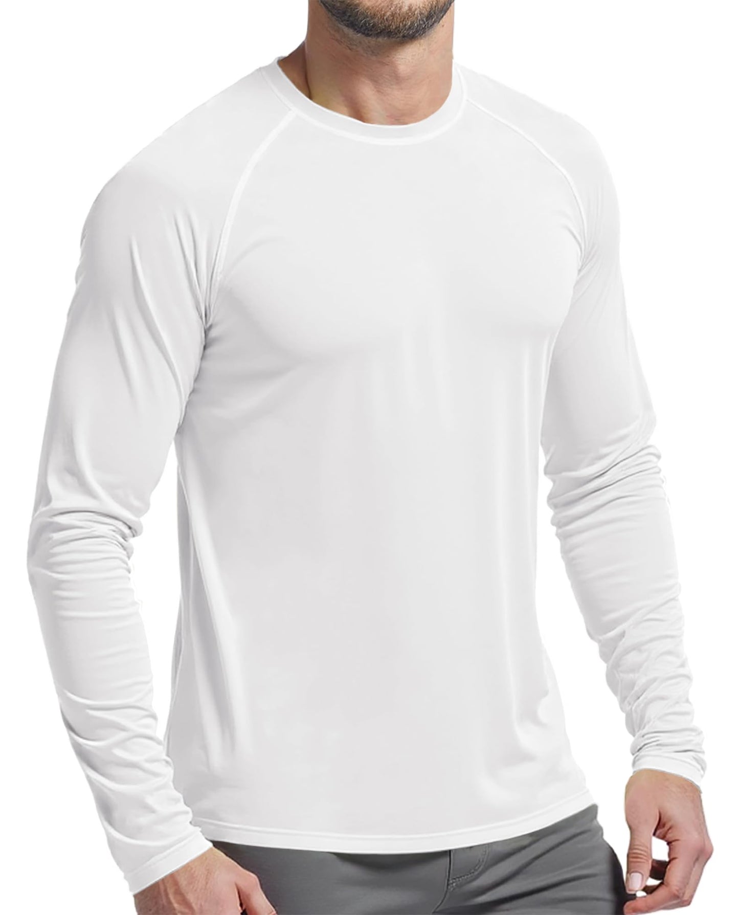 PLUMZJOY Mens UPF 50+ Long Sleeve SPF Diving Rash Guard UV Sun Protection Shirts for Outdoor Fishing Hiking Running Swimming White S
