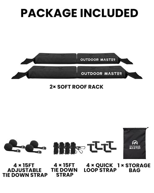 OutdoorMaster Universal Car Soft Roof Rack Pads, Car Rack for Kayak Surfboard SUP Canoe Include 4 Heavy Duty Tie Down Straps, 4 Tie Down Rope, 4 Quick Loop Strap and Storage Bag