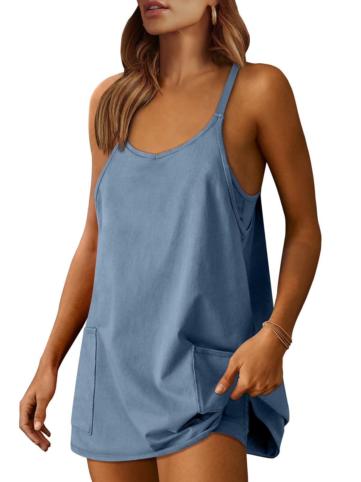 ANRABESS Women Athletic Dress Summer Tennis Workout Active Sports Mini Romper Dress Built in Shorts Travel Vacation Clothes Blue Large