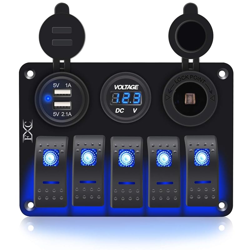 5-Gang Blue Aluminum Waterproof Marine Switch Panel with Dual USB 3.1A & Volt Meter