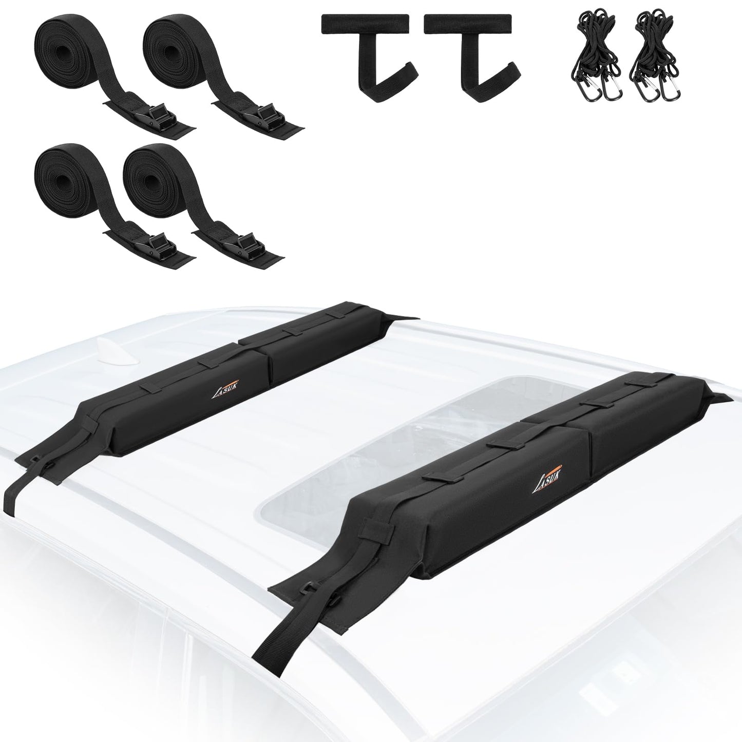 LASUK Universal Soft Roof Rack Pads for Kayak SUP Surfboard Snowboard Canoe, Heavy Duty Car Roof Rack System with 2 Tie Down Straps, 4 Quick Loop Straps, 2 Hood Loops, Tie Down Ropes and Storage Bag