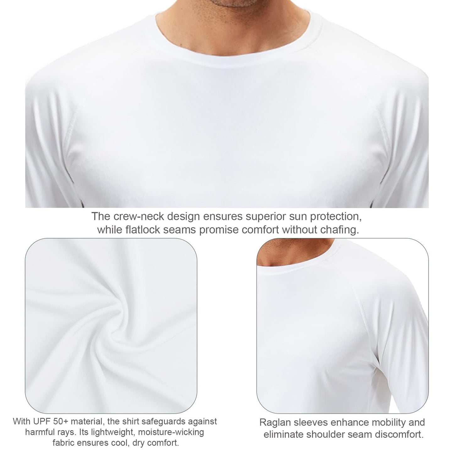 Men's UPF 50+ Swim Shirt Rash Guard Long Sleeve Quick Dry Lightweight SPF Sun Shirts for Hiking Fishing Running White L