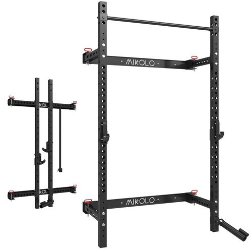 Mikolo 2" x 2" Folding Wall Mounted Squat Rack, 1000 Pounds Capacity Power Rack with Pull Up Bar, J Hooks, Landmine and Other Attachments, Space-Saving Home Gym(Black