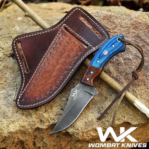 Handmade Cowboy Knife for Men & Women with Blue Wood Handle and Leather Sheath