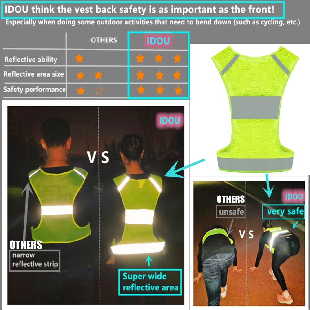 IDOU Reflective Vest Safety Running Gear with Pocket, Ultralight &Adjustable Waist&360°High Visibility for Running,Jogging,Biking,Motorcycle,Walking,Women & Men/Neon Yellow/L