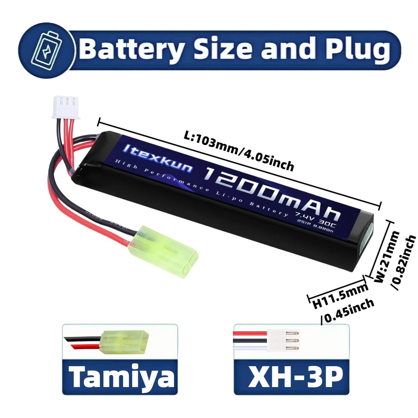 Itexkun 7.4V 2S 1200mAh 30C High Discharge Rate Airsoft Batteries Lipo Battery Small Tamiya Plug Rechargeable 2S Lipo Battery with 7.4v USB Charger for Airsoft Model Guns