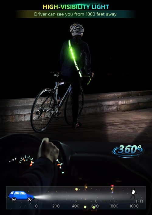 Fokia Kunbio LED Reflective Belt Sash for Walking at Night, Night Running Safety Gear High Visibility Rechargeable LED Light Up Running Belt for Runners Walkers Men Women (Green)