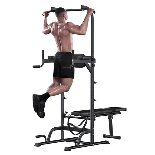 HEVIRGO All-in-One Multifunctional Power Tower with Height Adjustable, Heavy-Duty Construction, Push Up Stand,Pull Up Bar Dip Station/Stand for Home Gym Strength Training Workout Equipment Black
