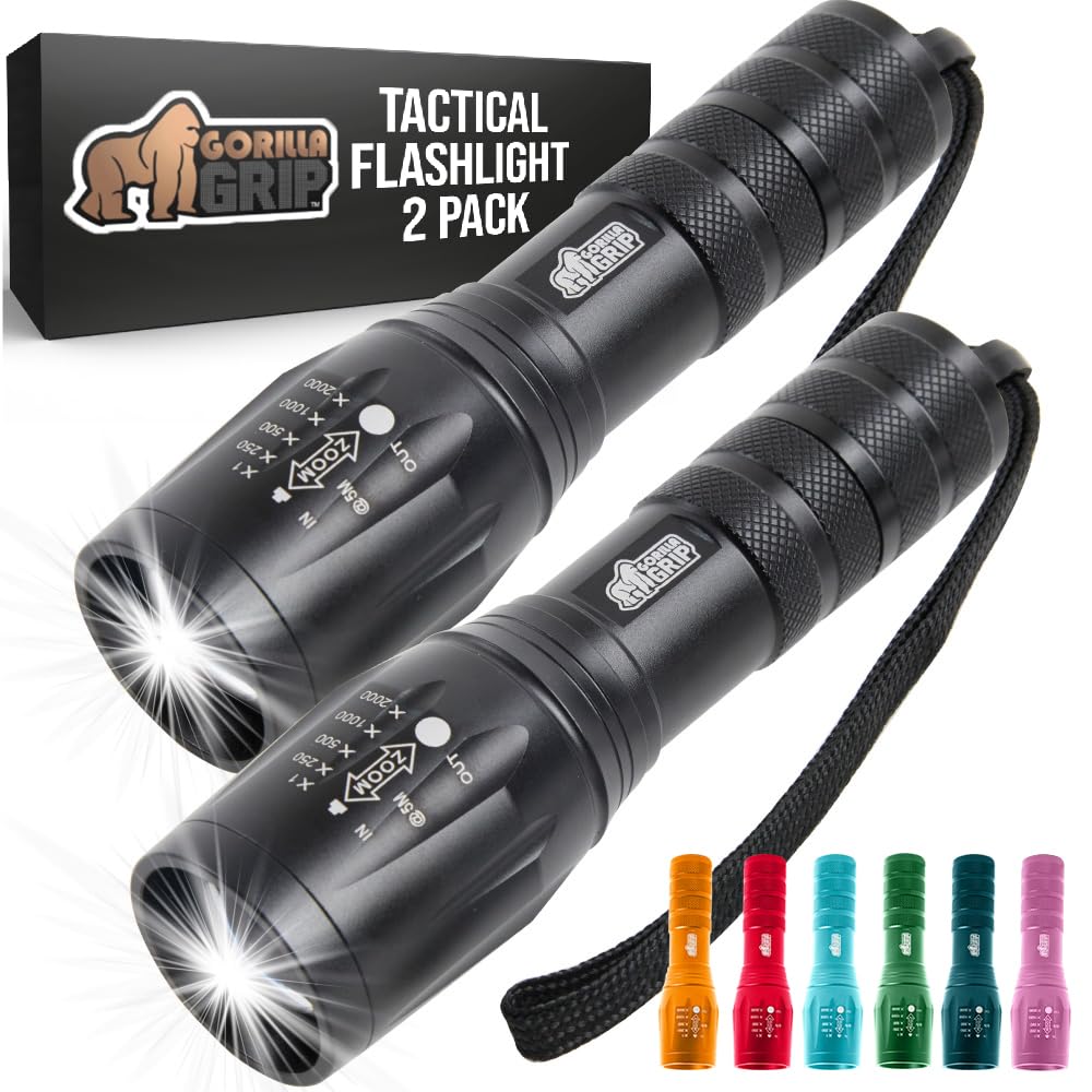 GORILLA GRIP Powerful LED Tactical Flashlight, 750 FT High Lumens 5 Adjustable Modes, Water Resistant, Ultra Bright Zoom Flashlights, Small Mini Flash Light, Camping, Night Dog Walking, 2 Pack Black