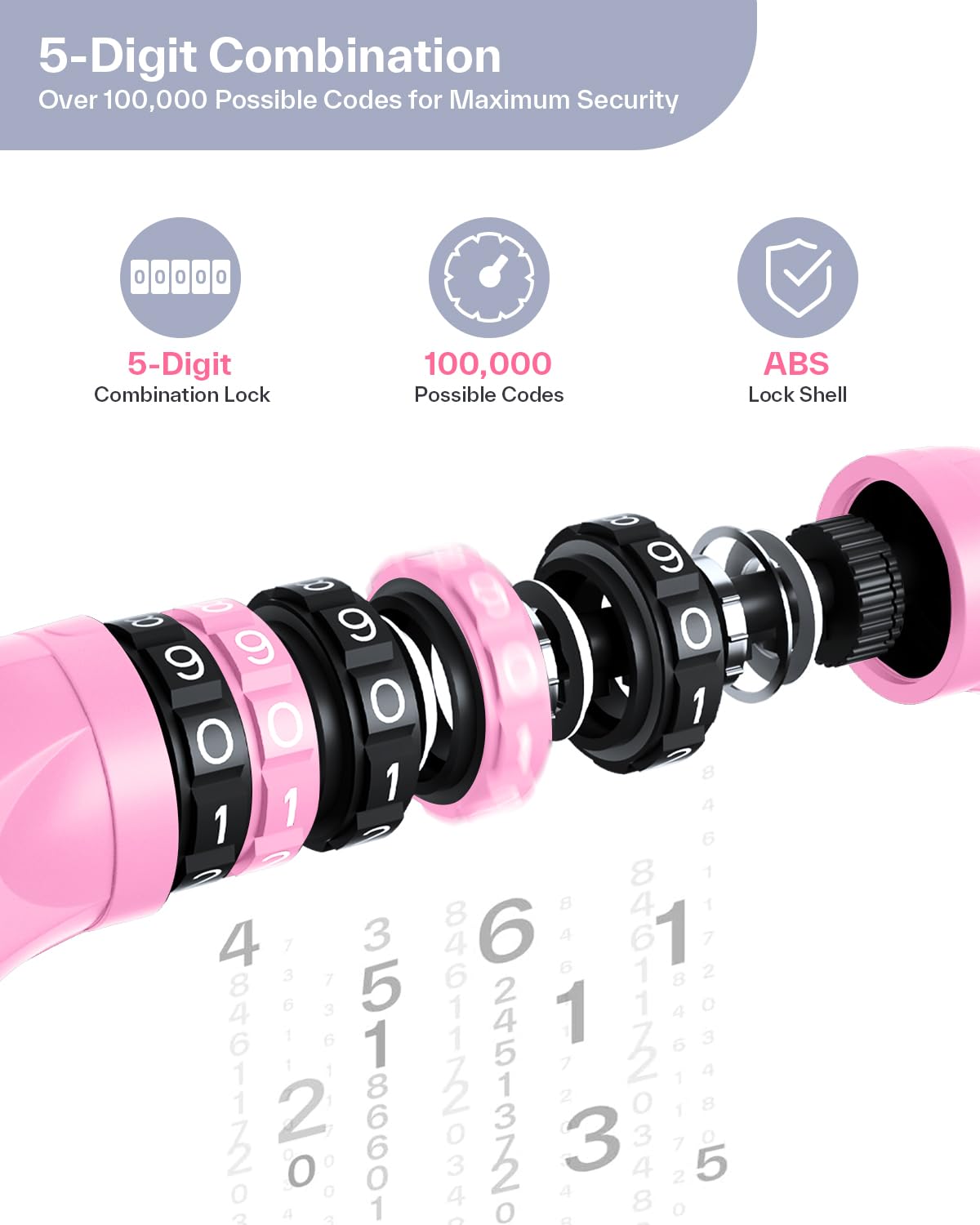 Sportneer Bike Lock: 5 Digit Combination High Security Anti Theft Bike Chain Lock - 3.2/3.6/4ft Heavy Duty Resettable Keyless Bicycle Lock for Bike, Motorcycle, Scooter, Door & Gate - 6mm Thick Pink