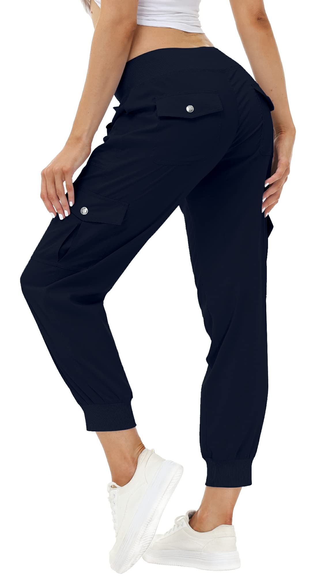 MoFiz Women Cargo Pants with Pockets Lightweight Outdoor Summer Travel Casual Hiking Pants Running Joggers Sweatpants Elastic Waist Navy XL