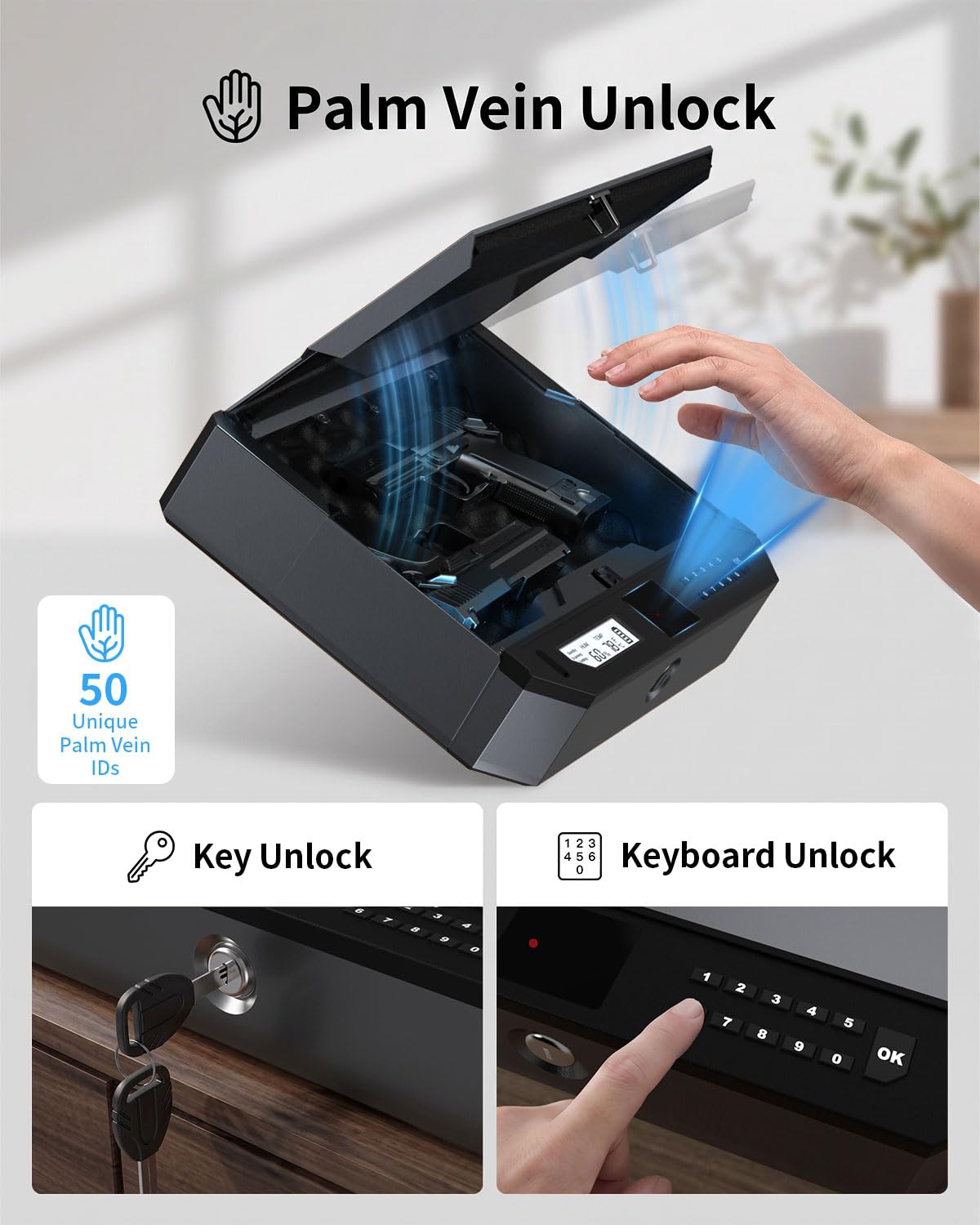 XEGIS SAFE Biometric Gun Safe Contactless Palm Vein, Raise Palm to Open in 0.1s, 3-Way Unlock Keypad/Key Pistol Safe, Works with Any Hand & in Darkness Handgun Safe for Nightstand, Car & Home
