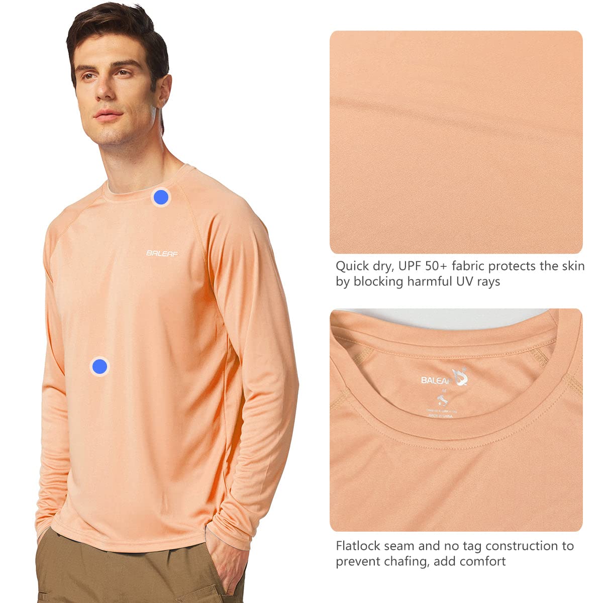 baleaf Mens UPF 50+ Sun Protection Shirts Long Sleeve Rash Guard, Quick Dry 4-Way Stretch for Fishing Swimming Surfing 01-Light Pink XL
