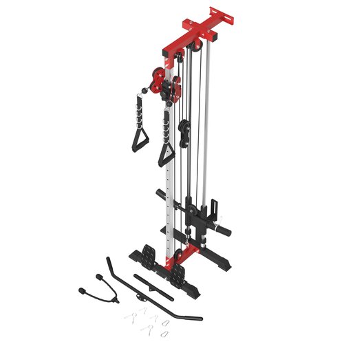 ER Kang Cable Station Wall Mount, 18in Pulley Tower, Dual Pulley System, High & Low Cable Machine, LAT Pull-Down & Row Tower with Flip-Up Footplate, Home Gym Cable Crossover (Red)