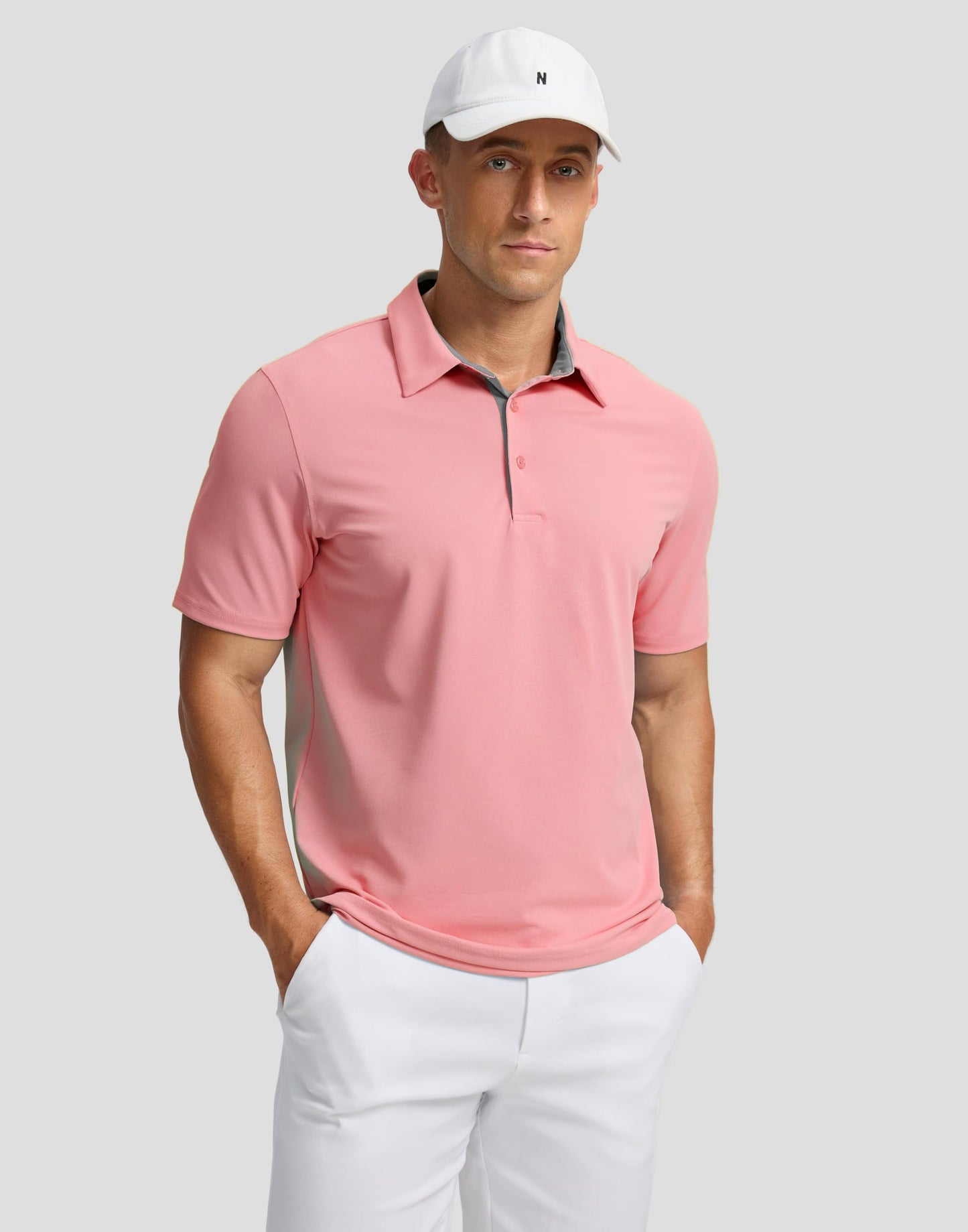 Men's Golf Shirts Dry Fit Moisture Wicking Performance Short Sleeve Collared Polo Shirts for Casual Athletic Business (Pink, L)