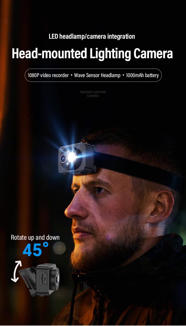 2-in-1 LED headlamp with 1080P HD Action Camera, 64GB Storage, dustproof Design, Wearable Video Recording Device for Electricians, Night Riding, Fishing and Outdoor Activities