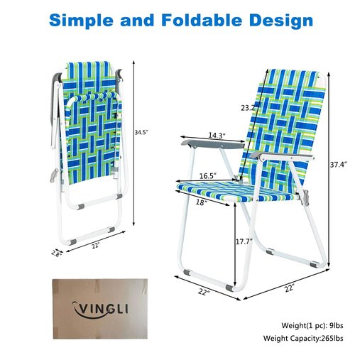 VINGLI Patio Lawn Webbed Folding Chairs Set of 2, Outdoor Beach Portable Lawn Chair Camping Chair Beach Chair for Yard, Garden Dining (Blue, Classic)