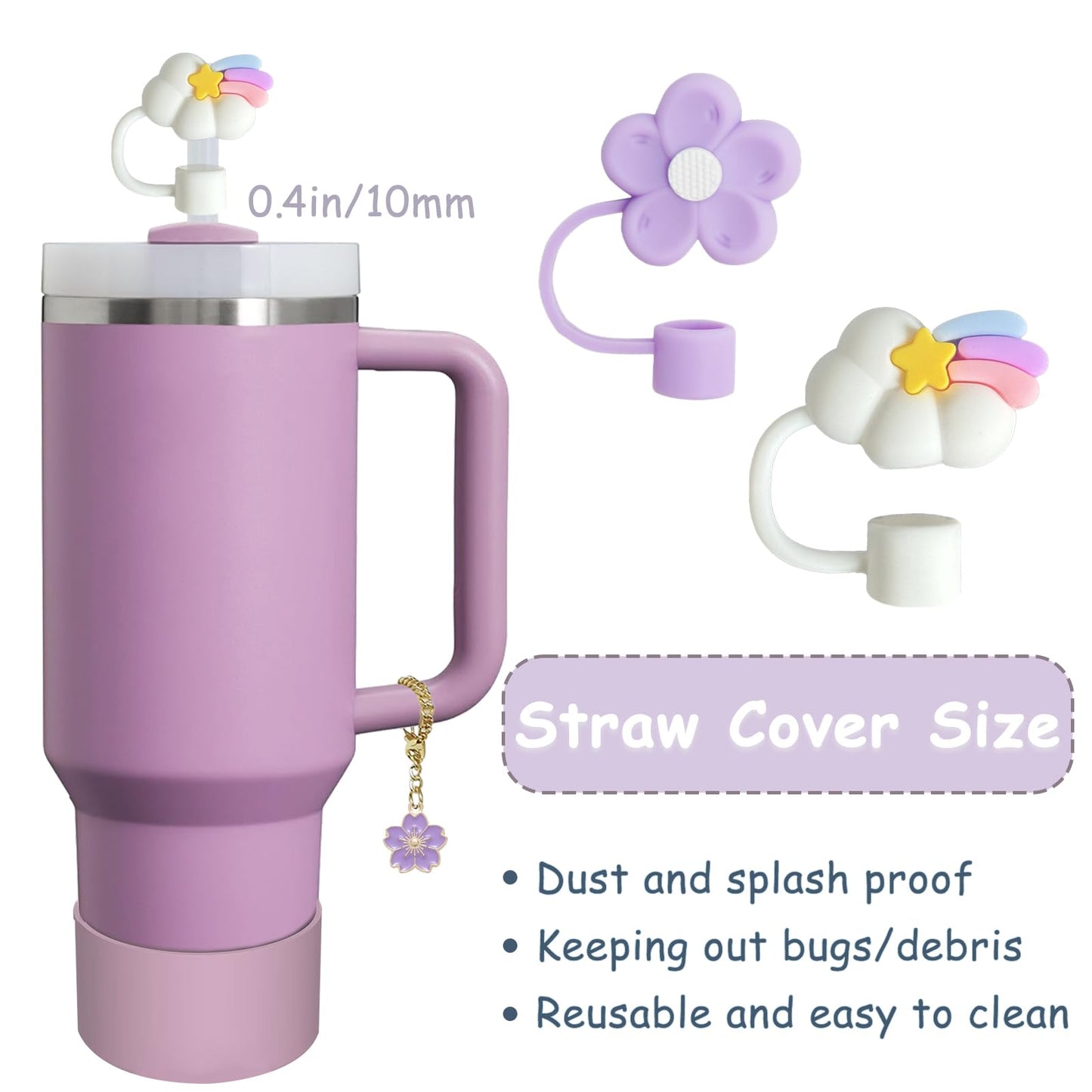 Stanley Cup Accessories Set,Including 2 Pcs 0.4in Straw Cover, 1 Silicone Spill-Proof Stopper Set of 3, 1 Cute Purple Flower Handle Charm, 1 Silicone Boot Fits Stanley 40&30 Oz Tumbler (Lilac)