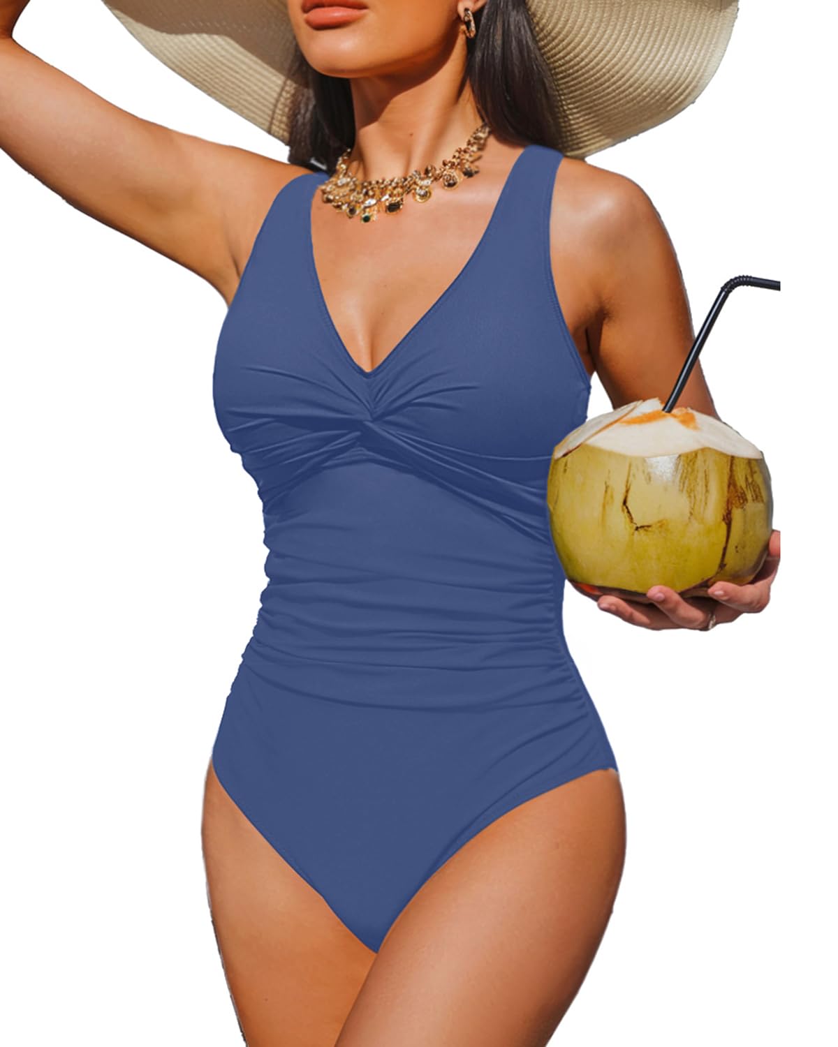 Holipick Blue Women Tummy Control One Piece Swimsuit - Push Up Bathing Suit Full Coverage Slimming Swimwear L
