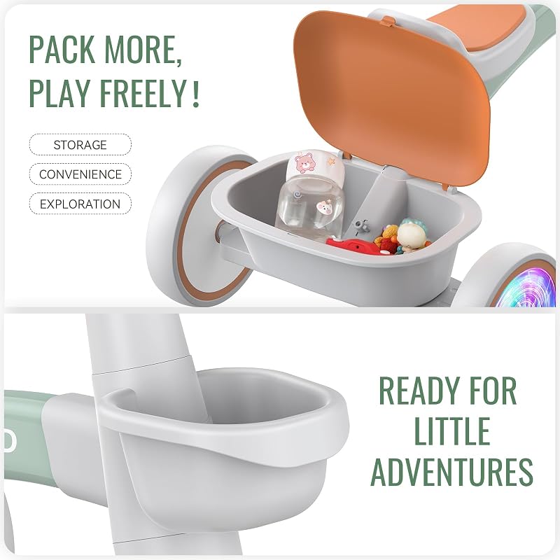 SEREED Colorful Light-Up Tricycle for Kids Ages 2-5 — Green, 3-Position Seat