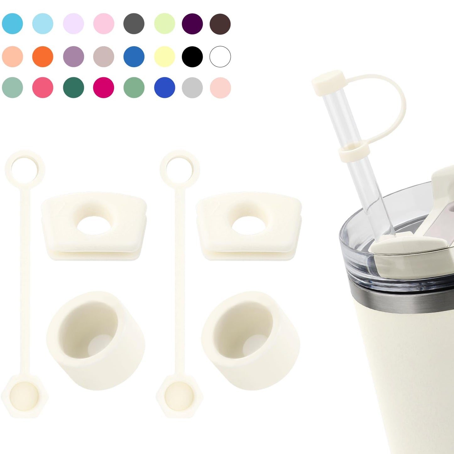 Silicone Spill Stopper Set Compatible with Stanley Cup 2.0 30oz & 40oz with Straw Cover (Set of 2, Cream)