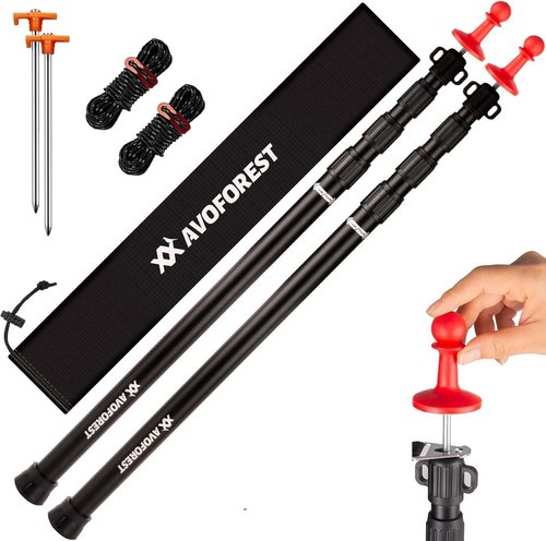 Tarp Poles Heavy Duty Adjustable, AVOFOREST Aviation Aluminum 8.7FT Tent Poles Lengthen and Thicken with Protection Cap Awning Poles Set of 2 for Hiking