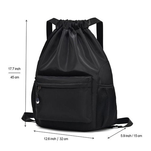 LOKAPEGY Black Drawstring Backpack for Women, Waterproof Drawstring Gym Bag for Men, Small Cinch Sack for Basketball, Pull String Sport Bag for Soccer.