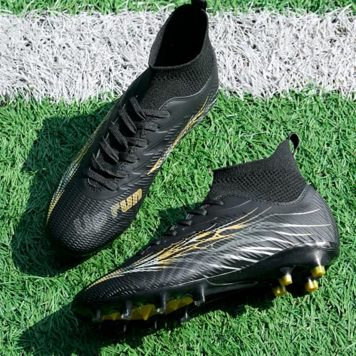 Soccer Cleats for Men and Women High Tops Lace Up Football Shoes - 9.5 Women / 8 Men Black FG