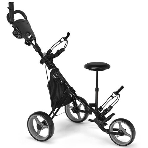 Tangkula Golf Push Pull Cart with Seat, Lightweight Foldable Collapsible 3 Wheels Push Cart, Golf Trolley with Foot Brake, Adjustable Umbrella Holder & Seat, 4 Height Position Handle