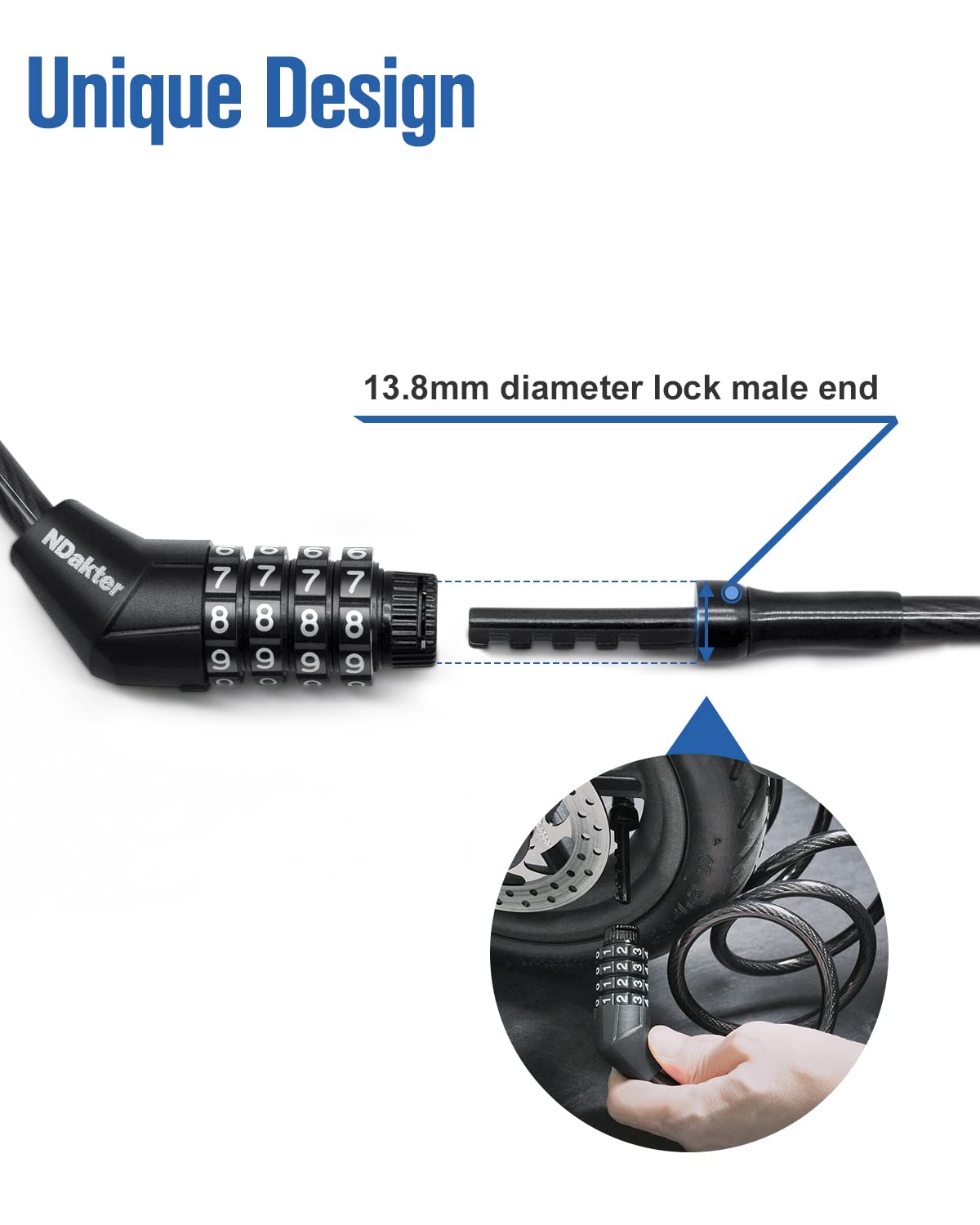 NDakter Bike Lock, 4FT Electric Scooter Combination Cable Lock with Unique Narrow Male and Mounting Bracket,Ideal Anti Theft Bicycle Locks for Mountain Bike, Road Bike, Electric Bicycle (8mm)