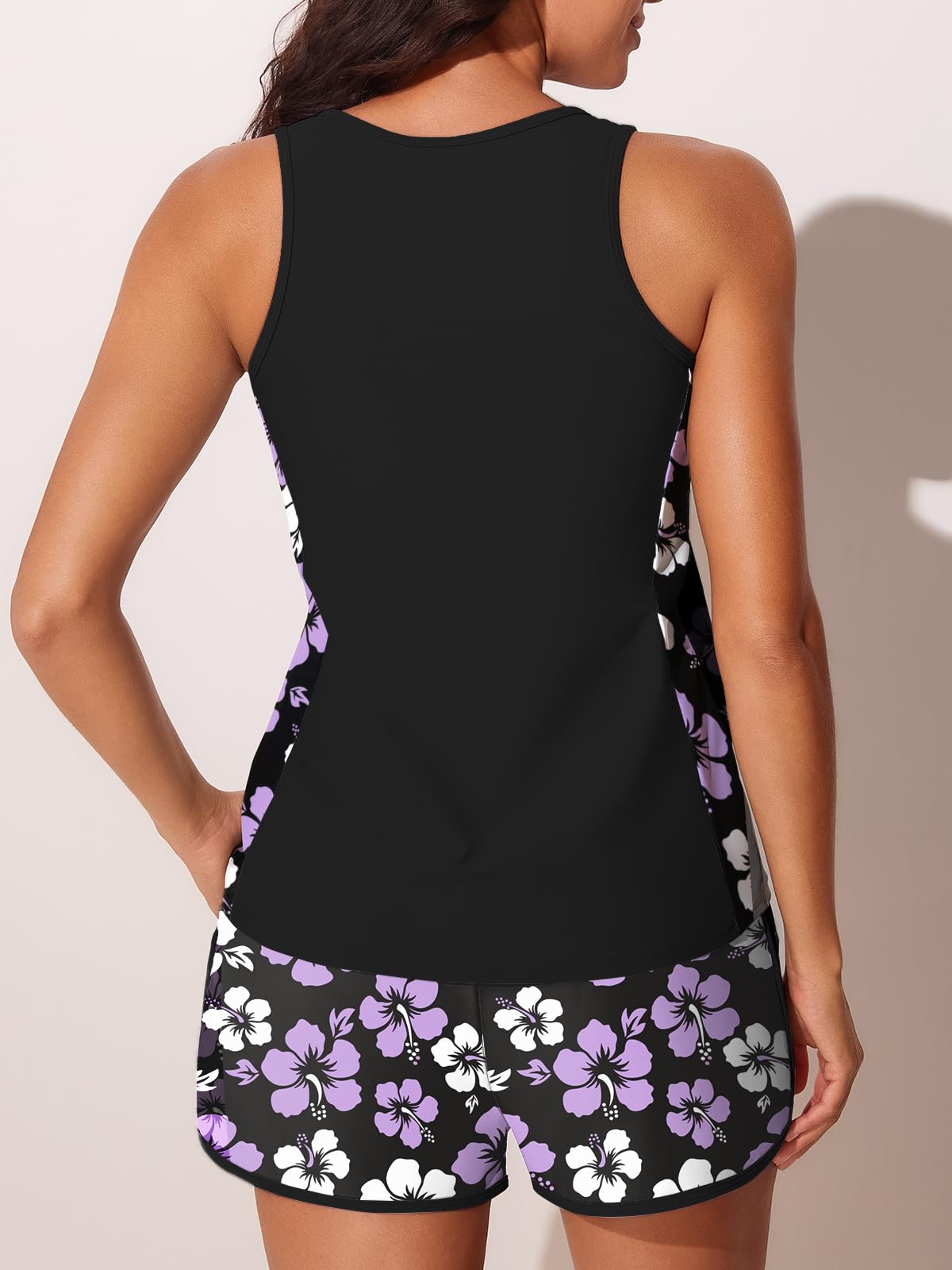 Summer Mae Blouson Tankini Swimsuits for Women 2026 Tummy Control Two Piece Bathing Suits with Sporty Pockets Swim Shorts Light Purple Floral Size 14