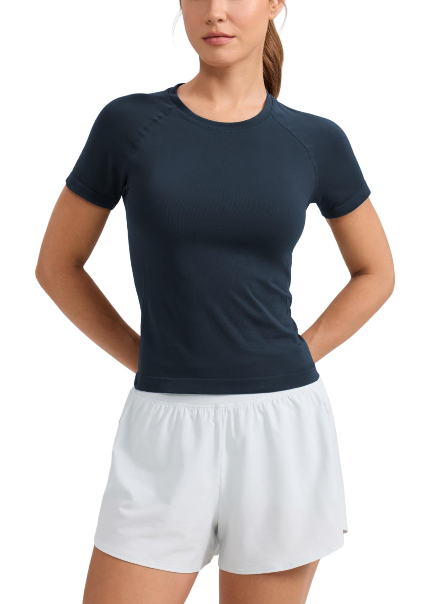 CRZ YOGA Seamless Workout Tops for Women Waist Length - Running Gym Athletic Yoga Short Sleeve Shirts Breathable Crewneck Twilight Blue Medium