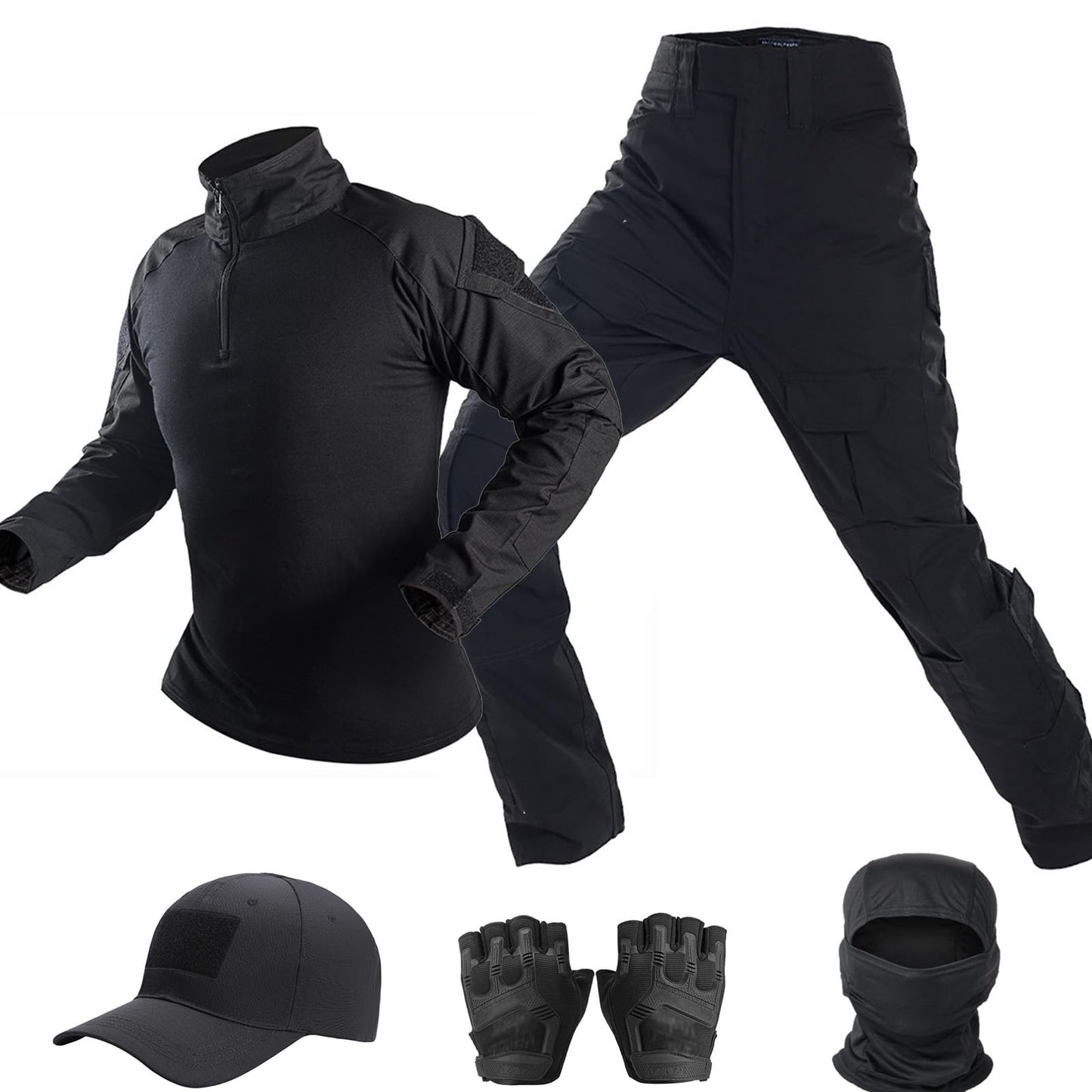 VPZenar Combat Uniform,Tactical Long Sleeve Shirt and Pants, Cap Balaclava Gloves Set,Black Suits Paintball Clothing for Men