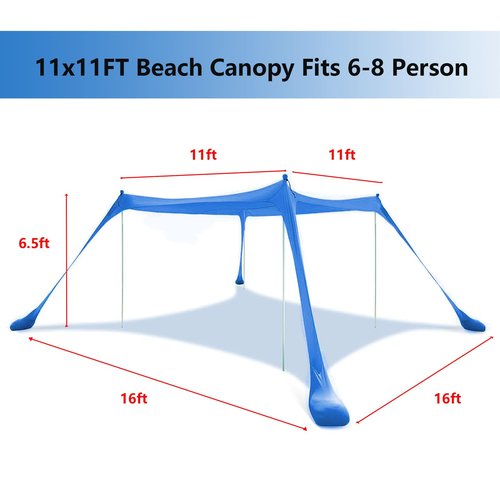 Beach Canopy, Beach Tent Sun Shelter with Beach Blanket, Beach Shade 11x11 FT with UPF 50+ UV Protection, Beach Sun Shade for Beach, Camping, Backyard and Picnics