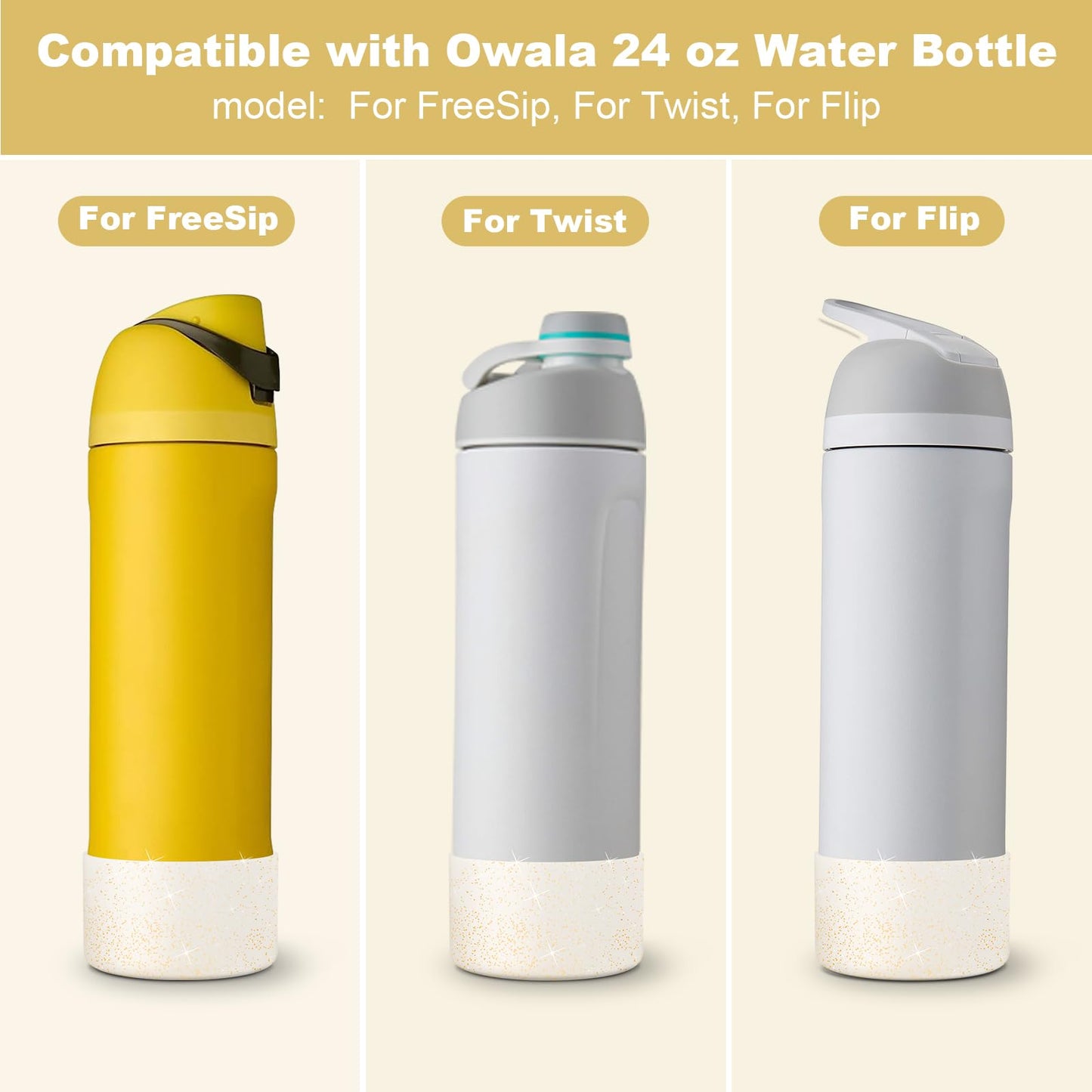 Beonsky 2 PCS Glitter Silicone Boot for Owala Water Bottle 24 oz, Anti-Slip Protective Sleeve for FreeSip/Twist/Flip Stainless Steel Water Bottles Accessories