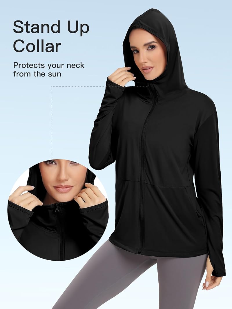 Womens UPF 50+ Sun Protection Hoodie Jacket Long Sleeve Sun Shirt - Hood Black Large