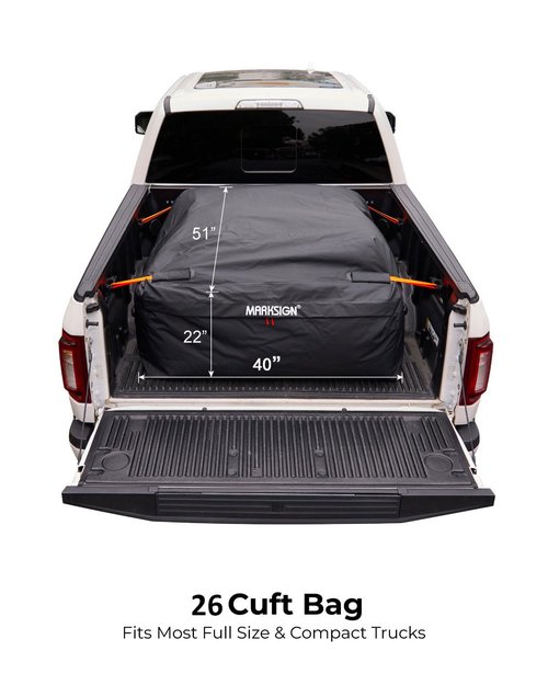 MARKSIGN Truck Bed Bag, 100% Waterproof Truck Cargo Bag Fits Any Truck Size with 4 Handles, Built-in 4 Ratchet Tie Down Straps, 26 Cubic Feet (51''x40''x22'')