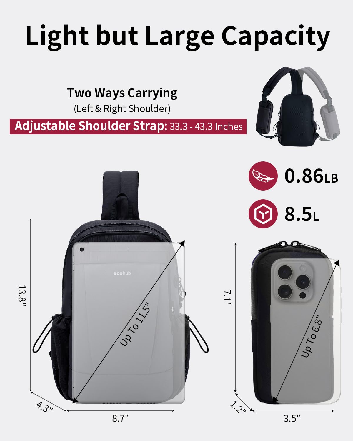 ECOHUB Anti-Theft Crossbody Bag Men Women, RFID Blocking Lightweight Sling Backpack Eco-Friendly with 9 Pockets Sturdy SBS Zippers Water Resistant for Travel Work Hiking Outdoor, Black