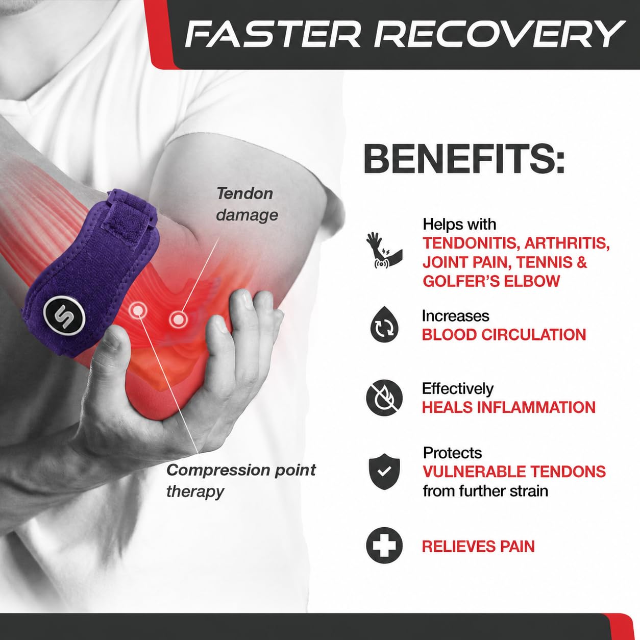 Sleeve Stars Tennis Elbow Brace for Men & Women, Elbow Brace for Tendonitis, Tennis Elbow Strap, Golfers Elbow Brace, Elbow Support Wrap for Tennis Elbow Relief, Fits 9"-23" (Single/Dark Purple)