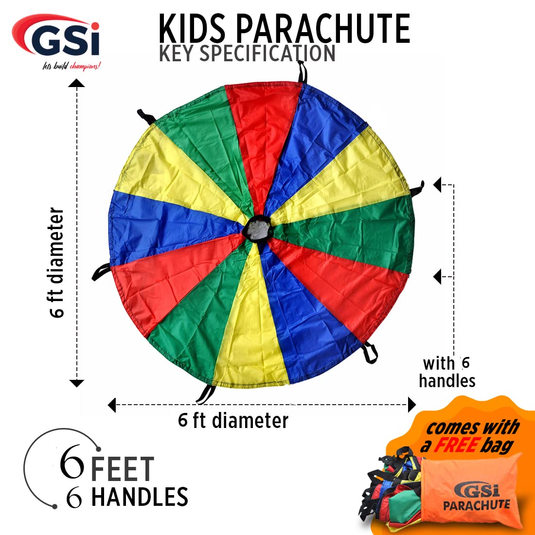 GSi Kids Play Parachute Rainbow Parachute Toy Tent Game for Children Gymnastics Cooperative Play and Outdoor Playground Activities
