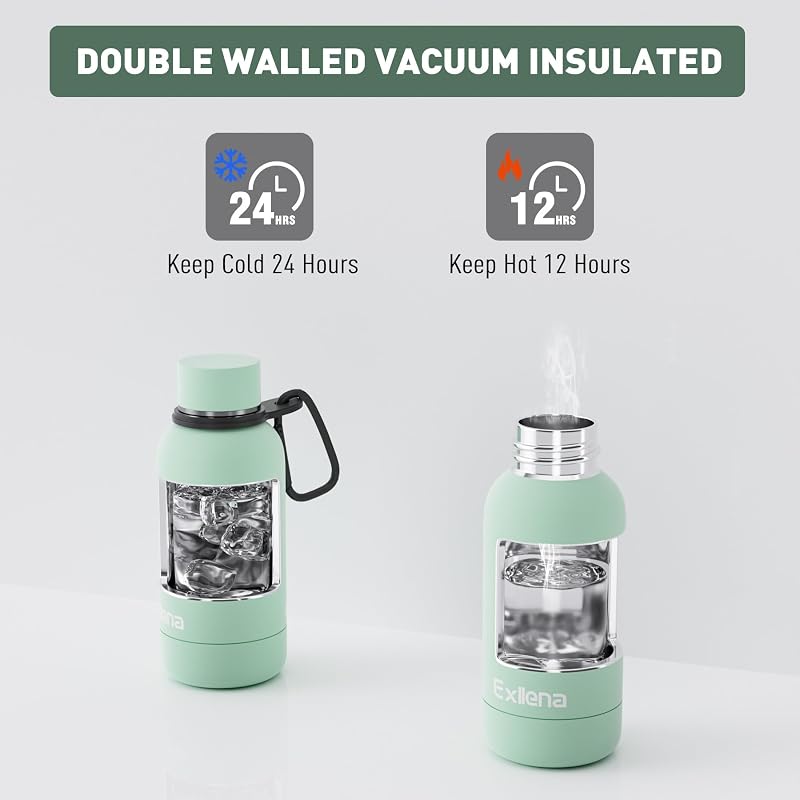 Exllena 12 oz Double-Wall Stainless Steel Water Bottle with Clip - Mint Variation