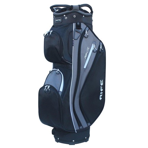 Rife Golf RF-LITE Premium Cart Bag ??14-Way Organizer Divider Top with Putter Pit Well 9.5" Lightweight Nylon Bag 9 Zippered Pockets Insulated Cooler Ample Storage Pockets Black Gray Colors