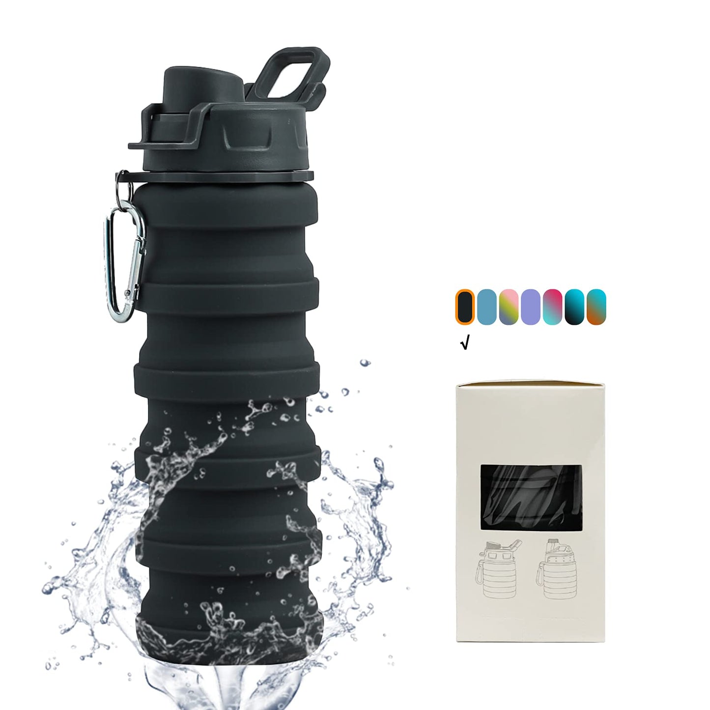 Collapsible Silicone Foldable Water Cup - 16oz BPA Free Reusable Water Bottle - Hiking Travel Sports Kids - Gray