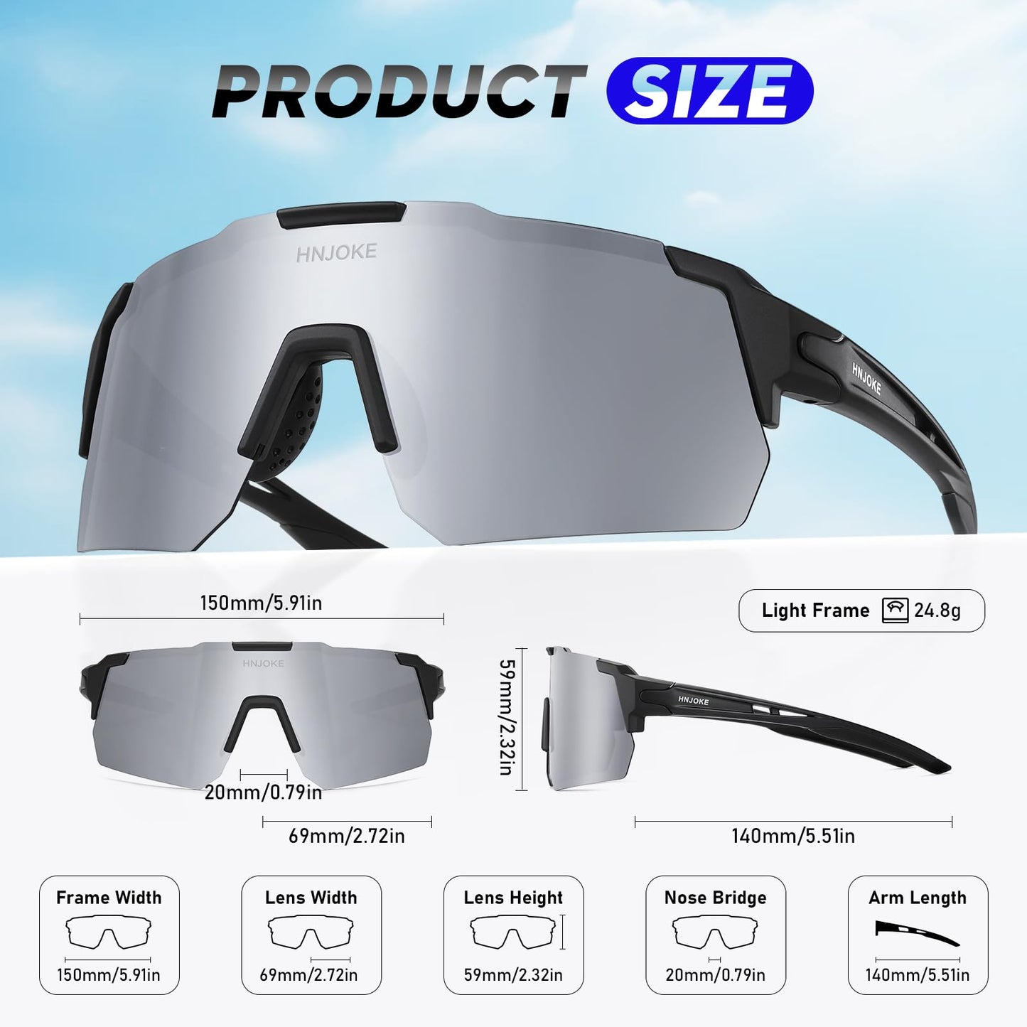 HNJOKE Sports Polarized Sunglasses, UV 400 Protection Sun Glasses Women, Mens Glasses for Cycling Biking Running Hiking Golf Fishing, Black