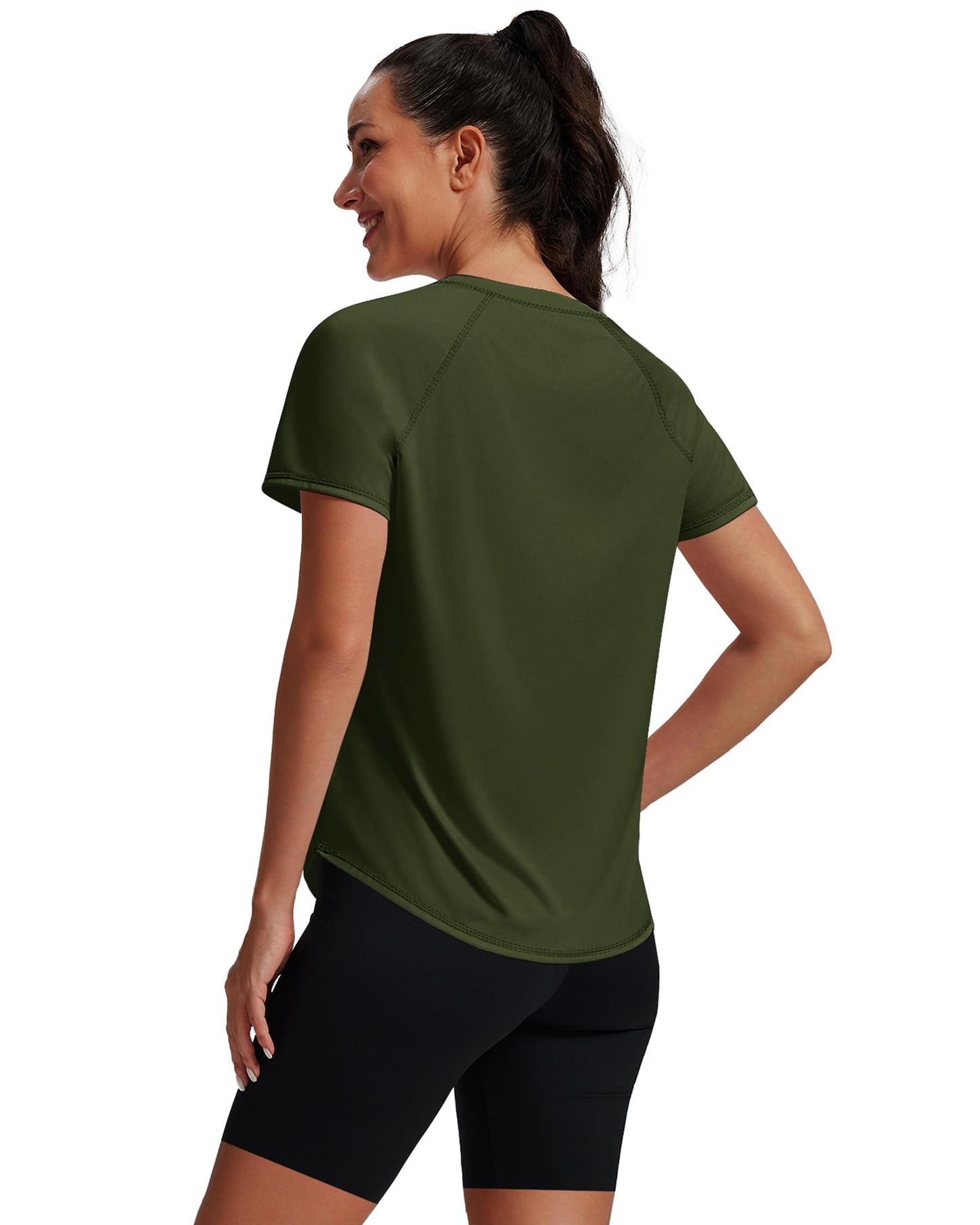 NIASHOT Rash Guard for Women Short Sleeve Uv Protection Shirts Running Moisture Wicking Summer Tops Fitness Yoga Gym Clothes Army Green XL
